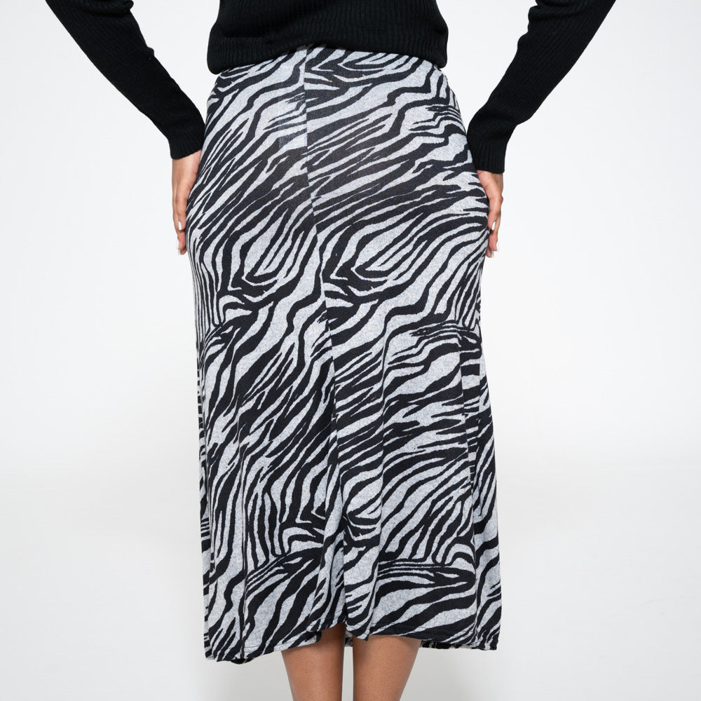 Longer Length Printed Jersey Knit Brown Panel Skirt
