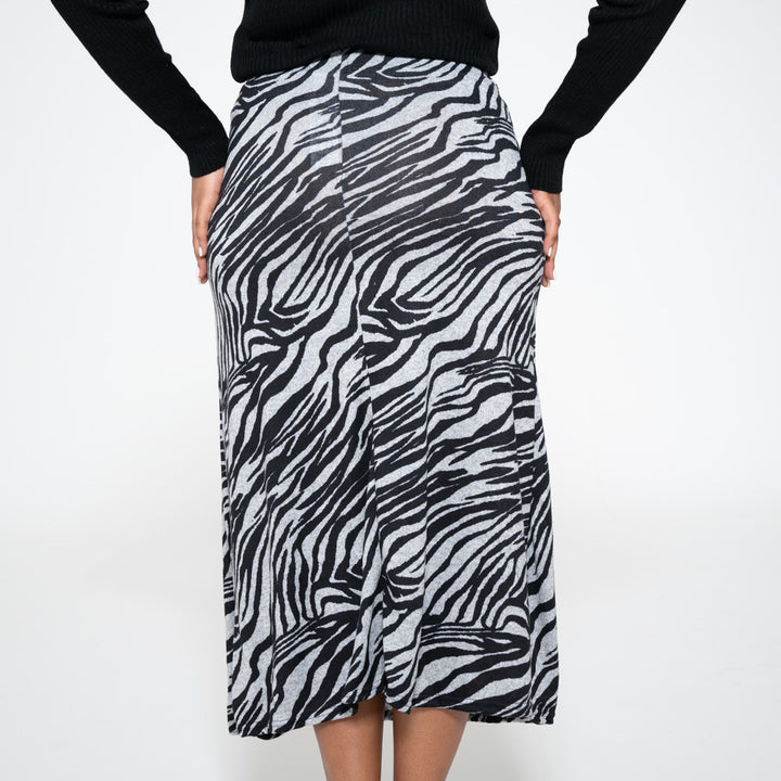 Longer Length Printed Jersey Knit Brown Panel Skirt