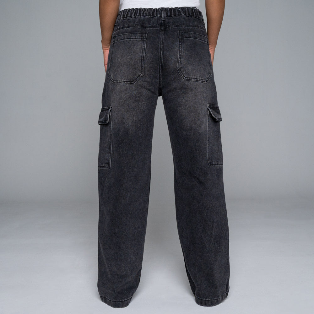 Non-Stretch Black Cargo Pocket Jeans