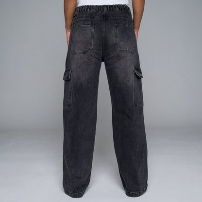 Non-Stretch Black Cargo Pocket Jeans