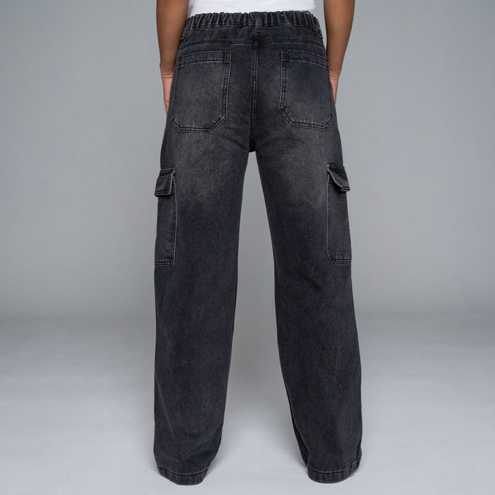 Non-Stretch Black Cargo Pocket Jeans