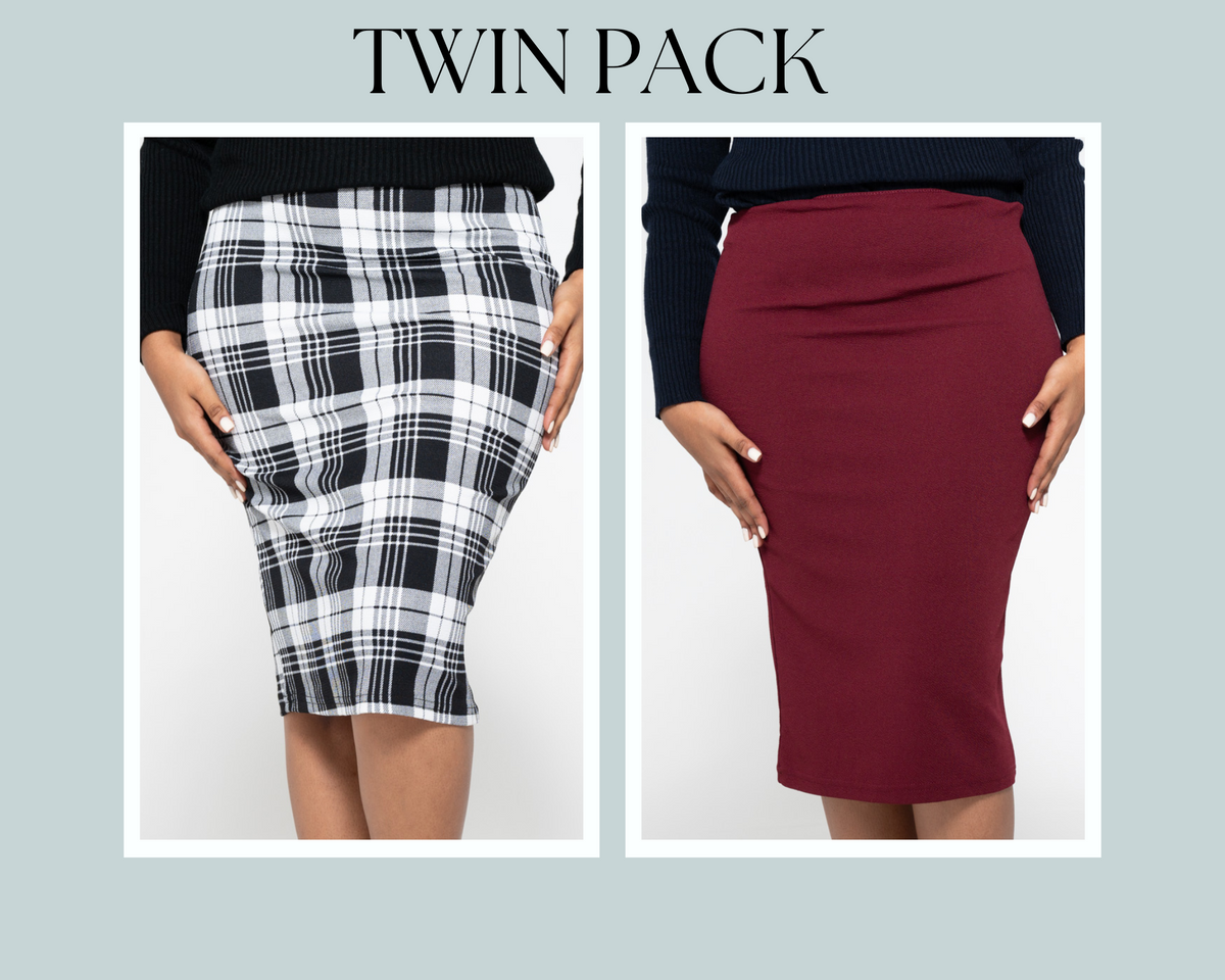 Plain &amp; Check Print Twin Pack Burgundy Skirt