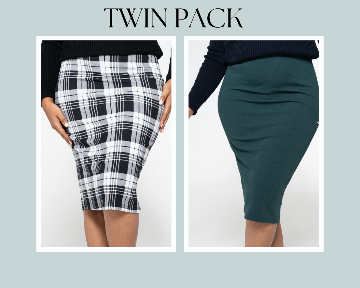 Plain &amp; Check Print Twin Pack Green Skirt