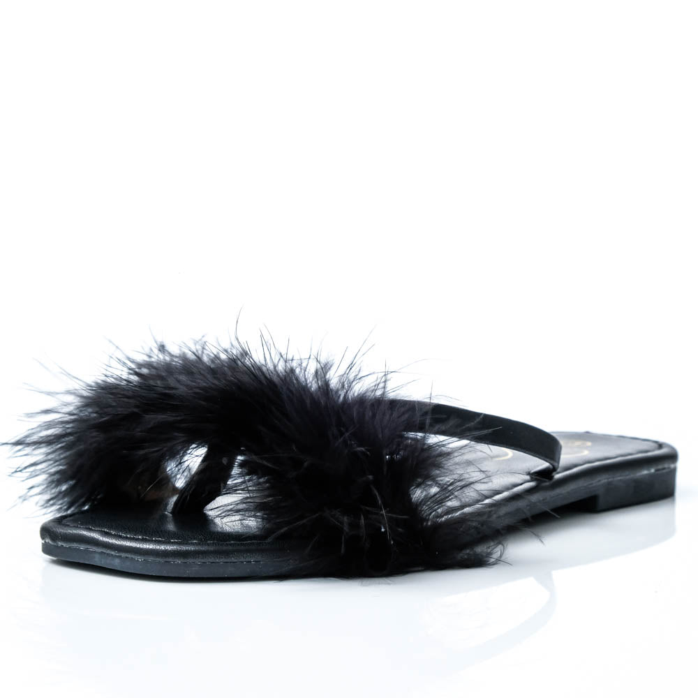 Black Fluffy Feather Sandals