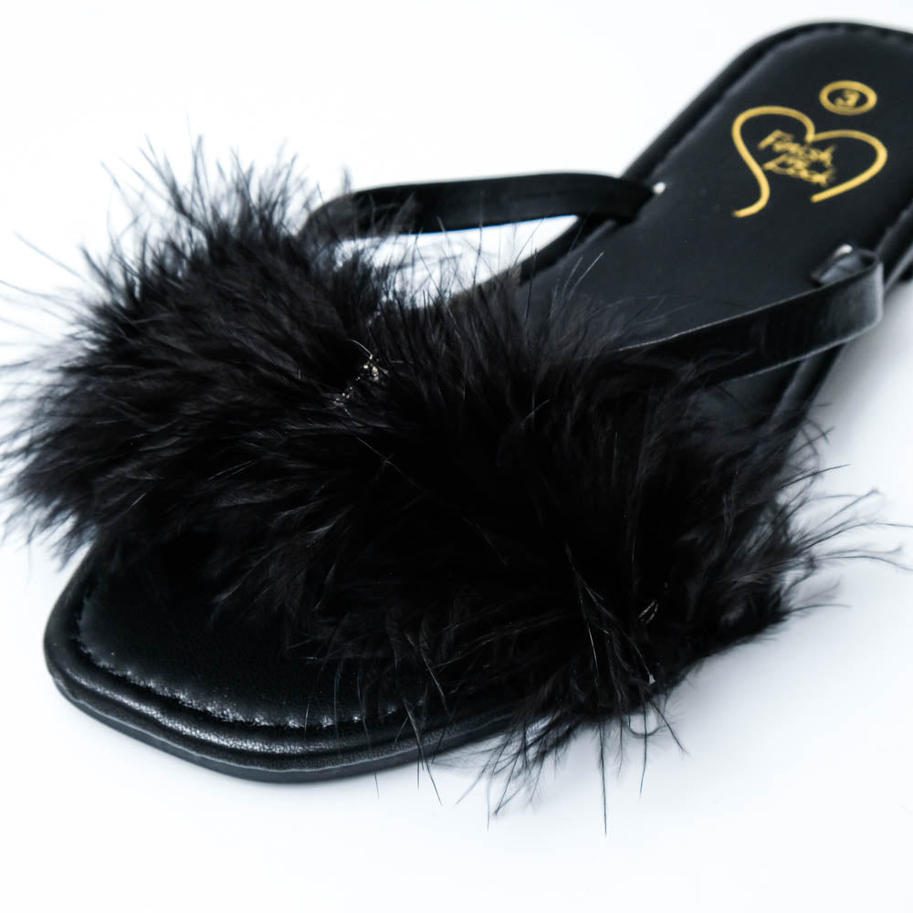 Black Fluffy Feather Sandals